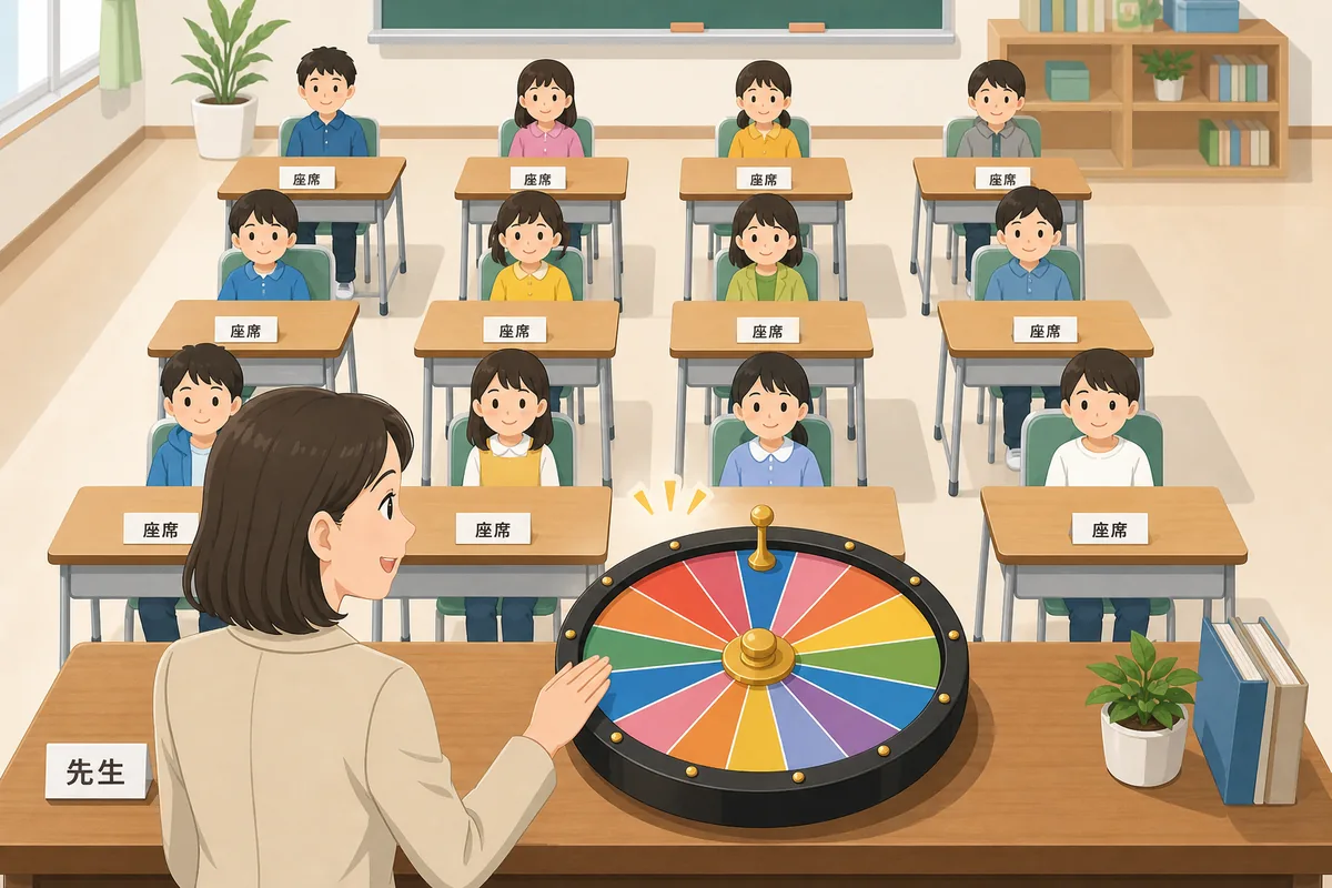 教室の席替えをルーレットで公平に決める様子